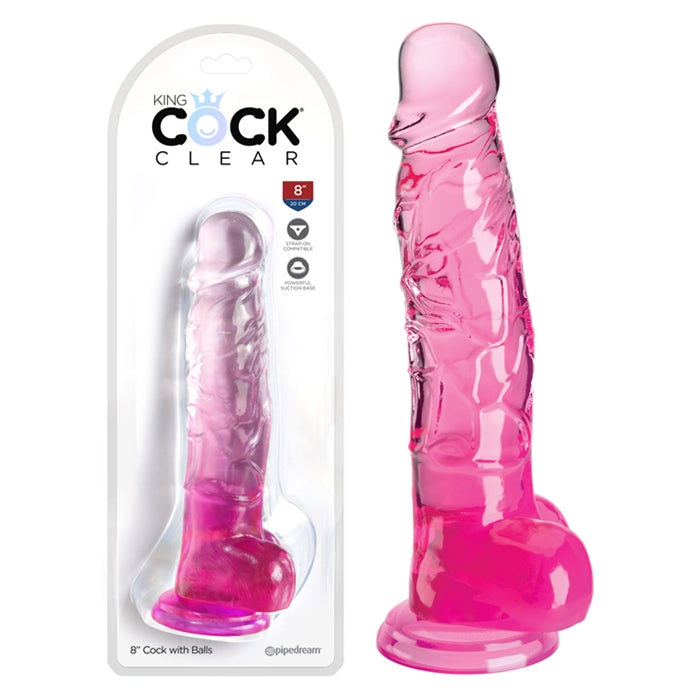 King Cock Clear 8" avec boules - Rose