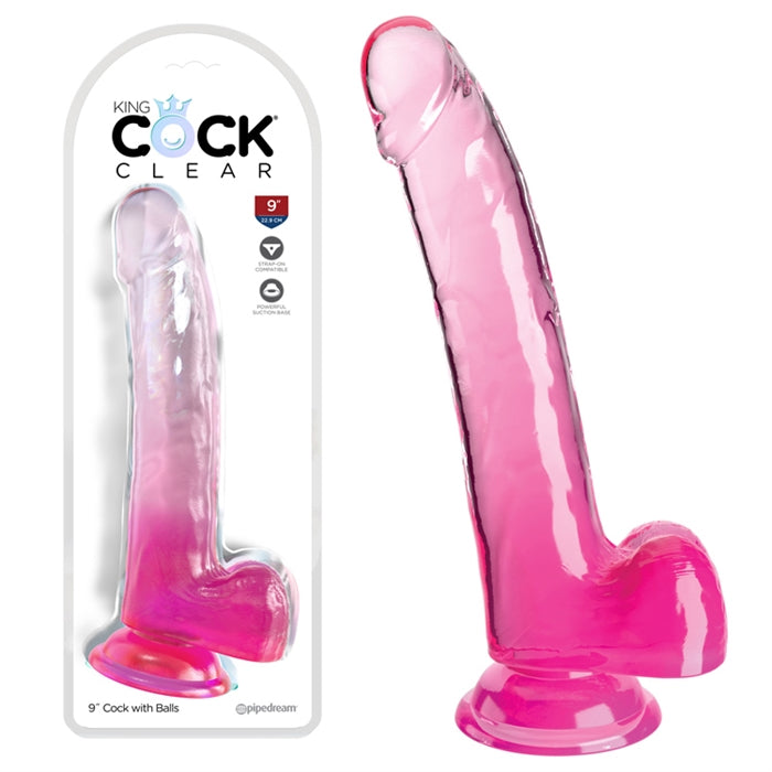 King Cock Clear 9" avec boules - Rose