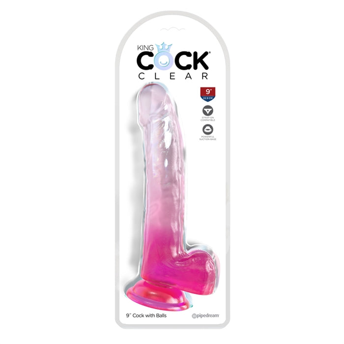 King Cock Clear 9" avec boules - Rose