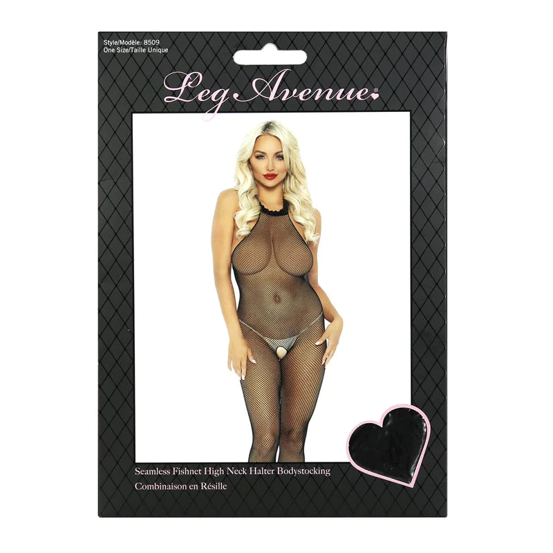 Seamless Fishnet High Neck Crotchless Halter Bodystocking – Black – OS - Boutique Toi Et Moi