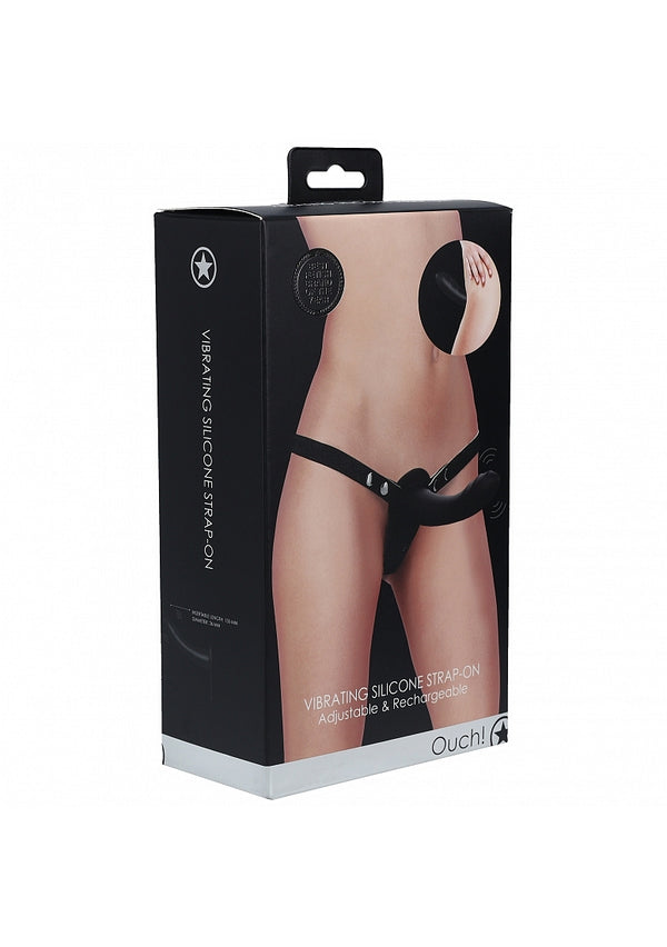 Vibrating Silicone Strap-On Adjustable & Rechargeable - Black - Shots- Ouch-